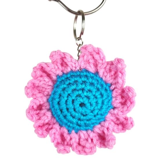 New Crochet Light Blue Pink Flower Keychain Handmade Handcrafted - Picture 1 of 5